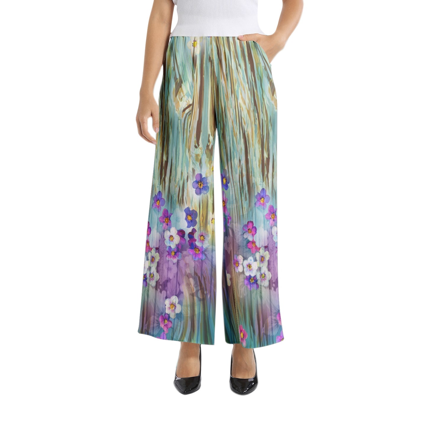 Flowery Elastic Waist Wide Leg Pant