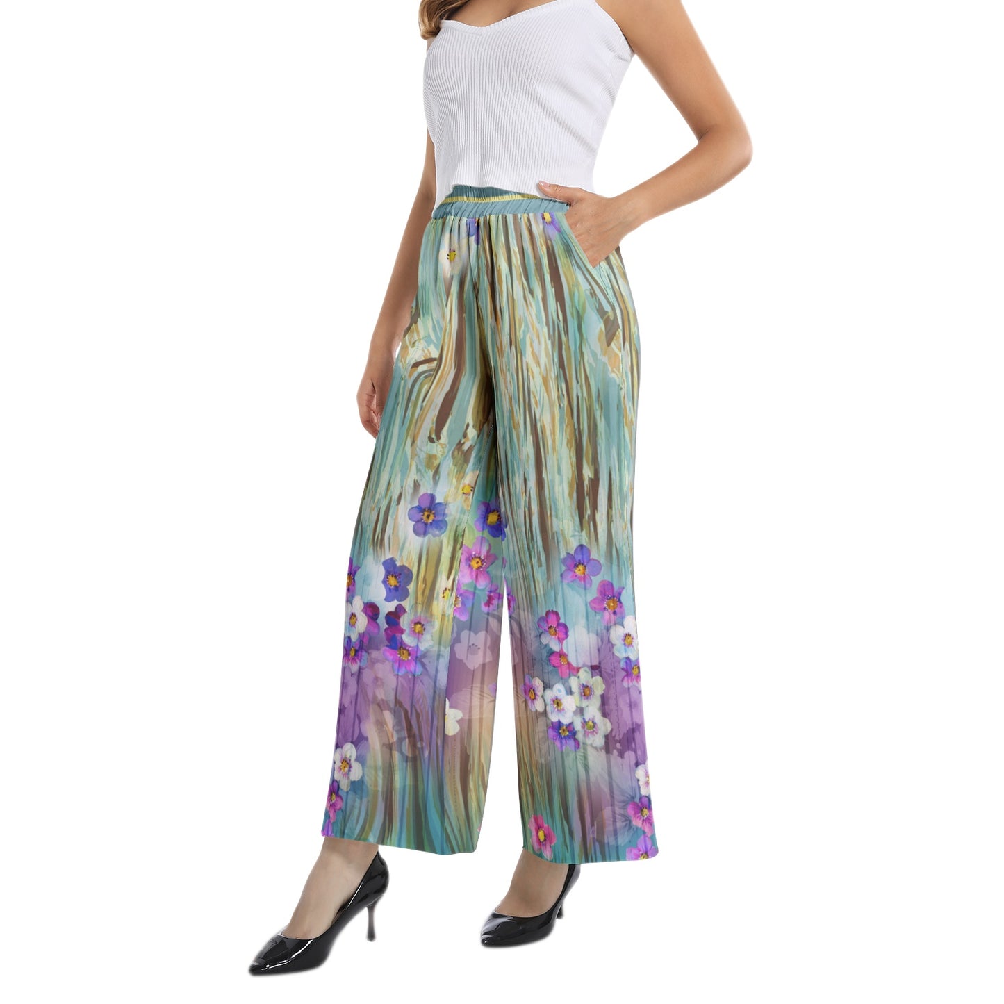 Flowery Elastic Waist Wide Leg Pant