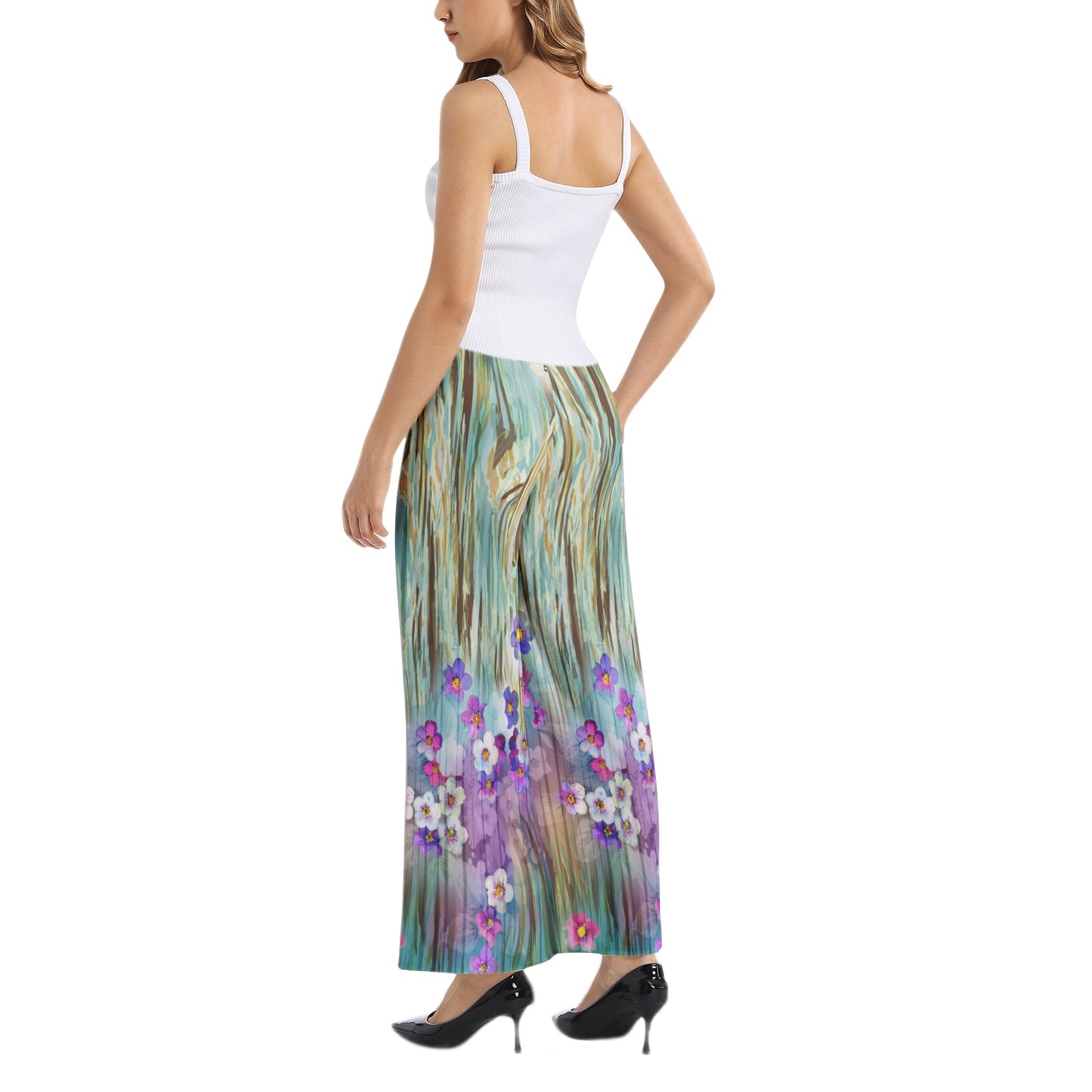 Flowery Elastic Waist Wide Leg Pant