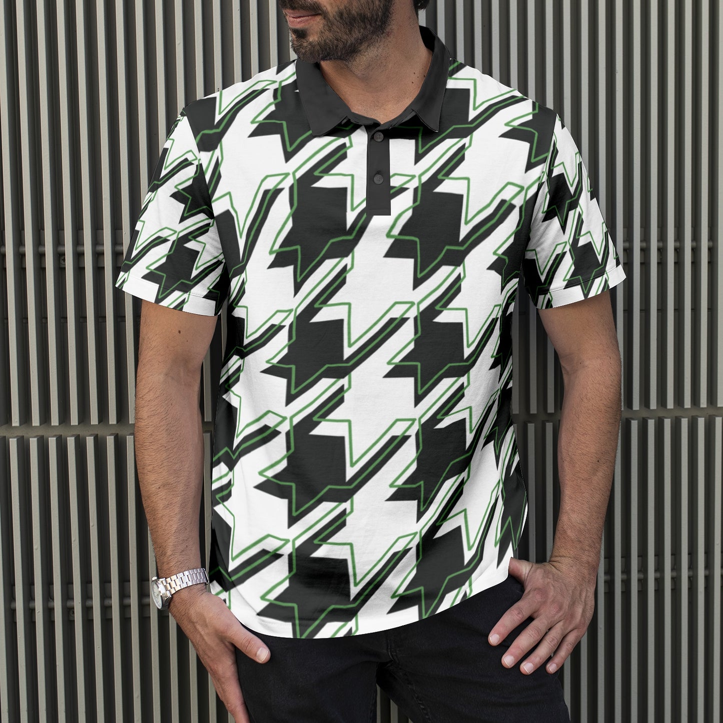 White And Black Men's All-Over Print Polo Shirts