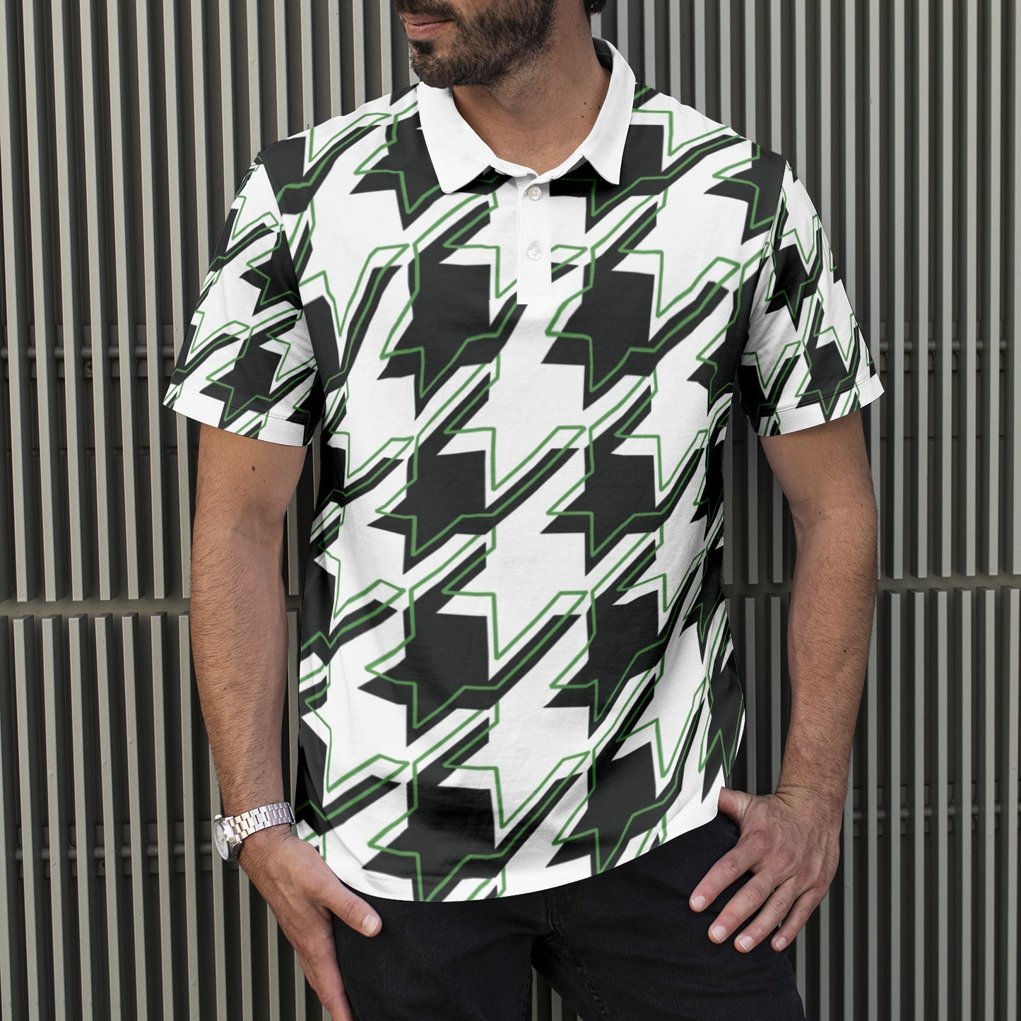 White And Black Men's All-Over Print Polo Shirts