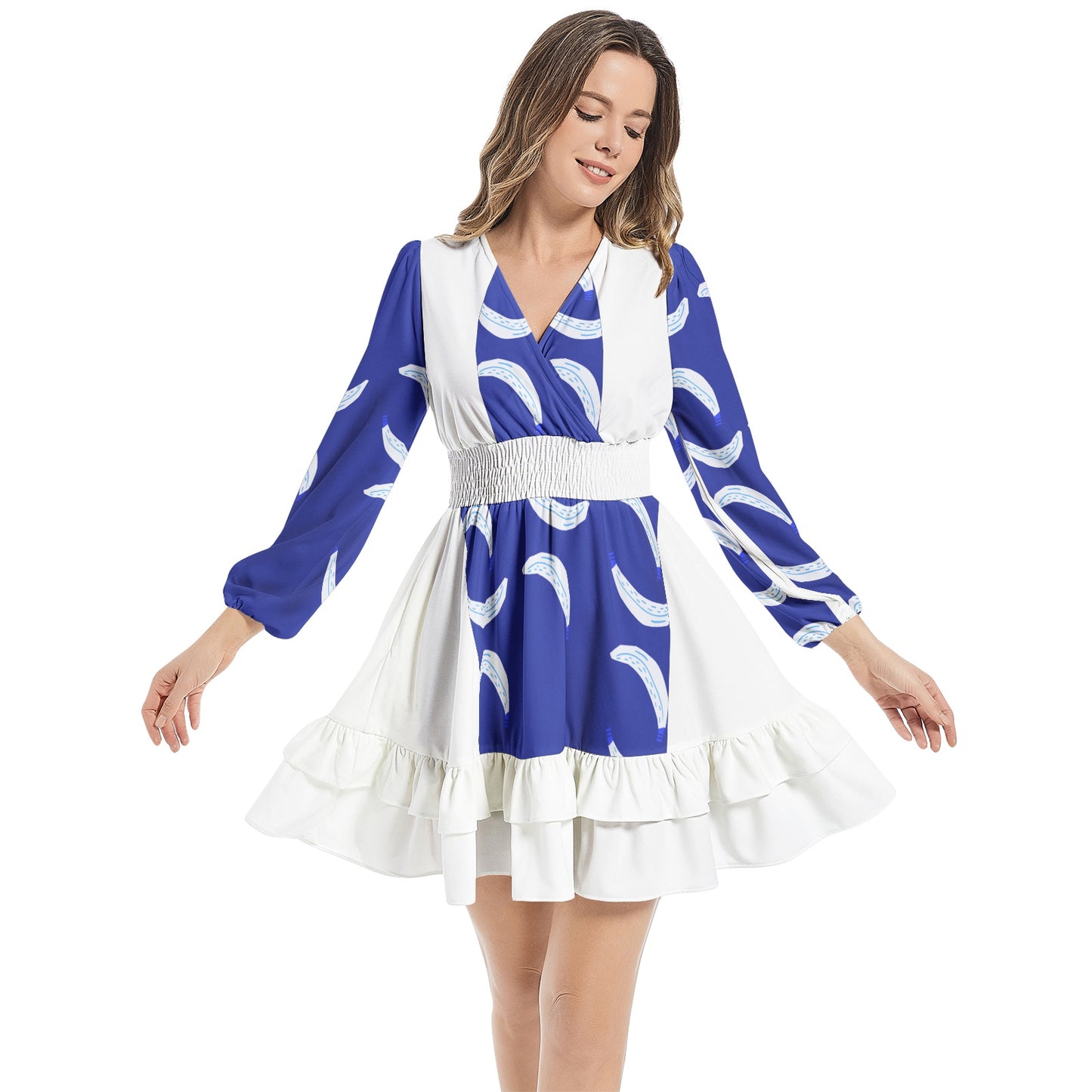 Multicolored Long Sleeve Tiered Ruffle Hem Elastic Waist Mini Dress