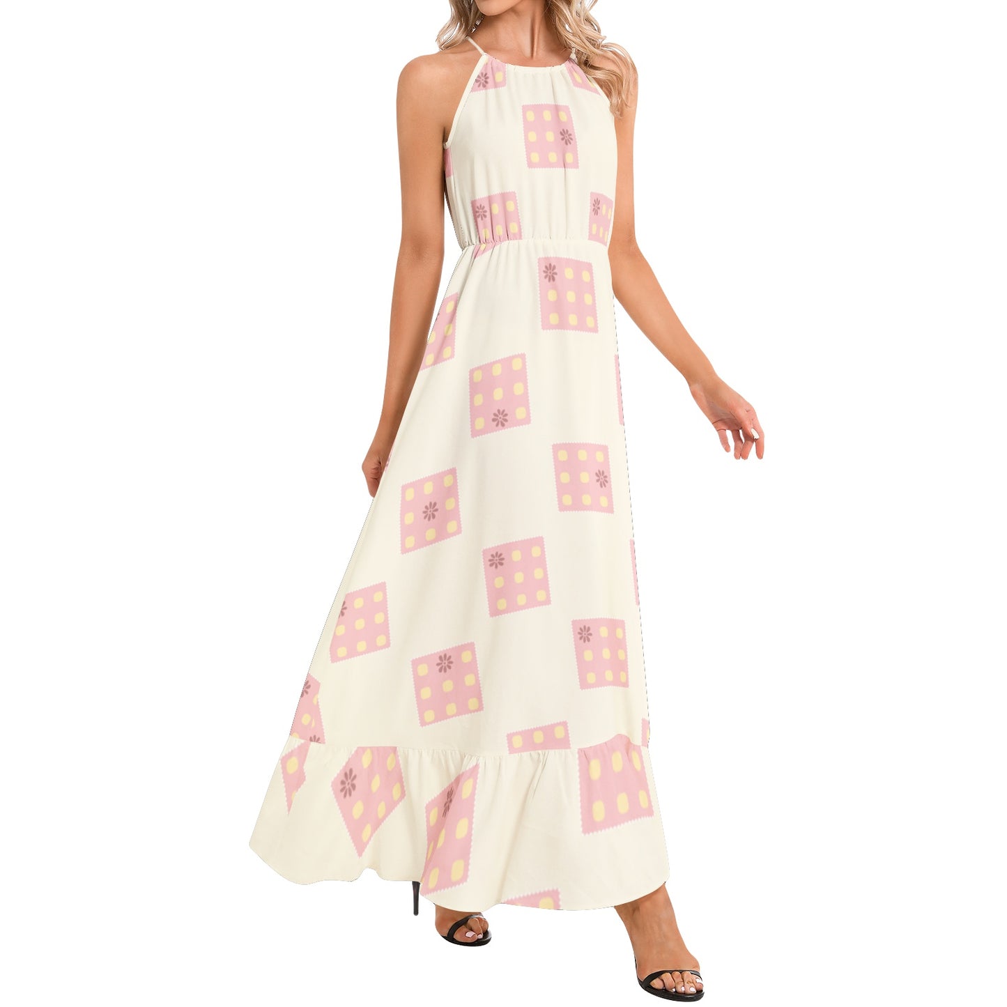 Ruffle Hem Halter Neck Maxi Dress