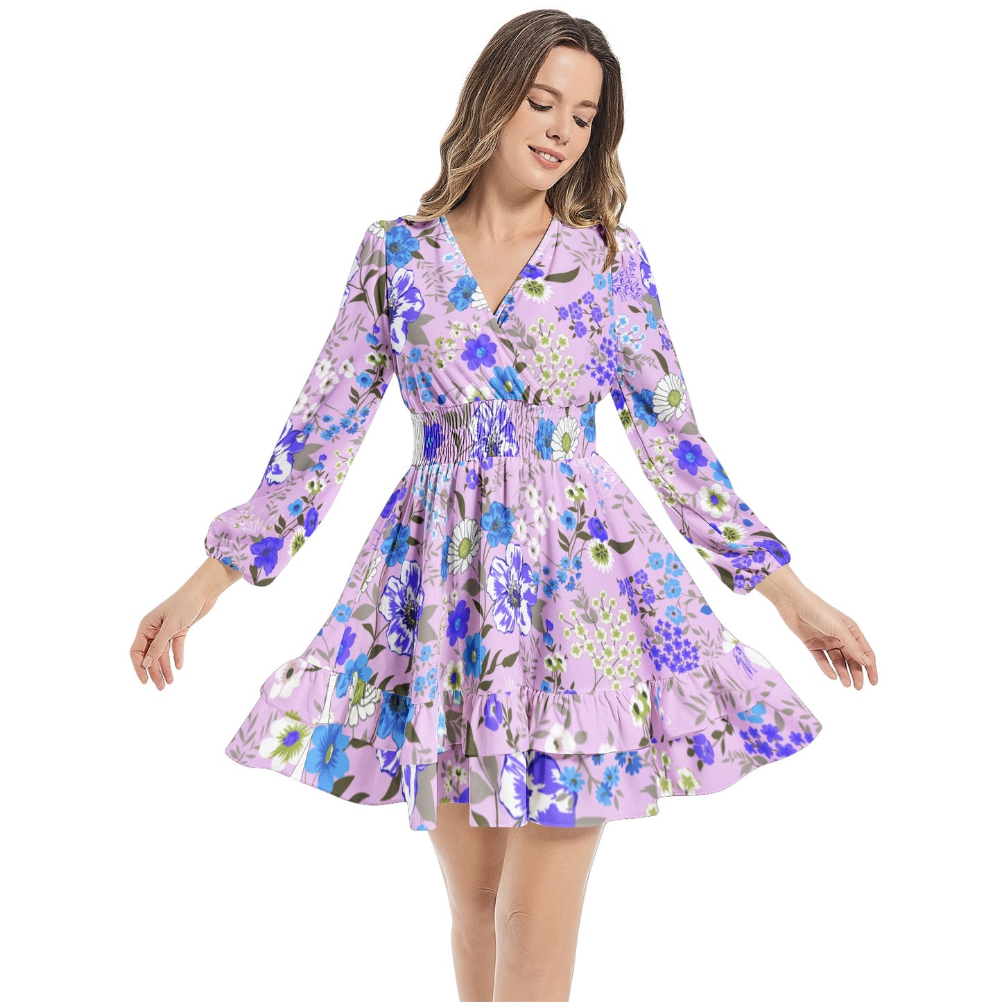 Purple Flowery Long Sleeve Tiered Ruffle Hem Elastic Waist Mini Dress