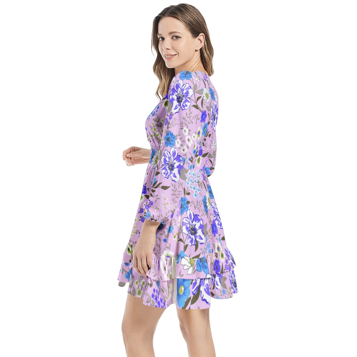 Purple Flowery Long Sleeve Tiered Ruffle Hem Elastic Waist Mini Dress