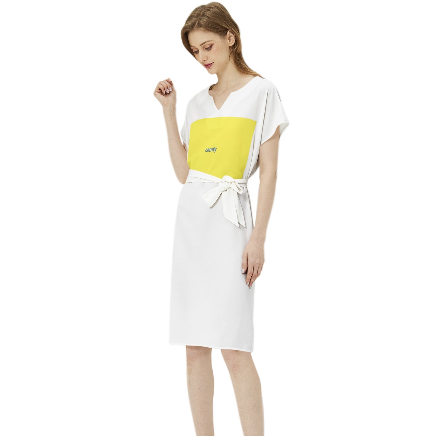 Comfy Betwing Seleeve Notch Neck Casual Dress with Belt