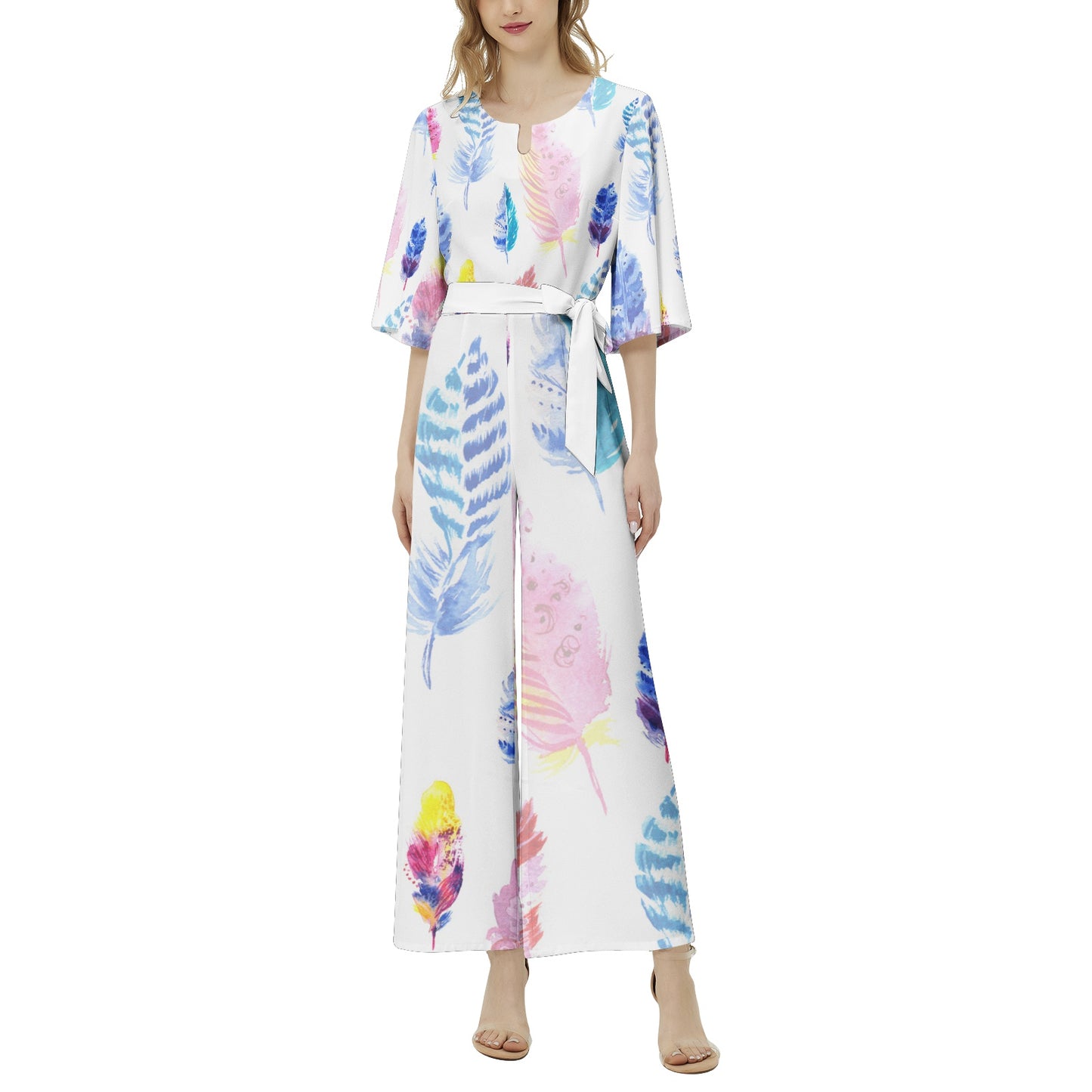 Multicolored Dolman Sleeve Belted Wide Leg Jumpsuit