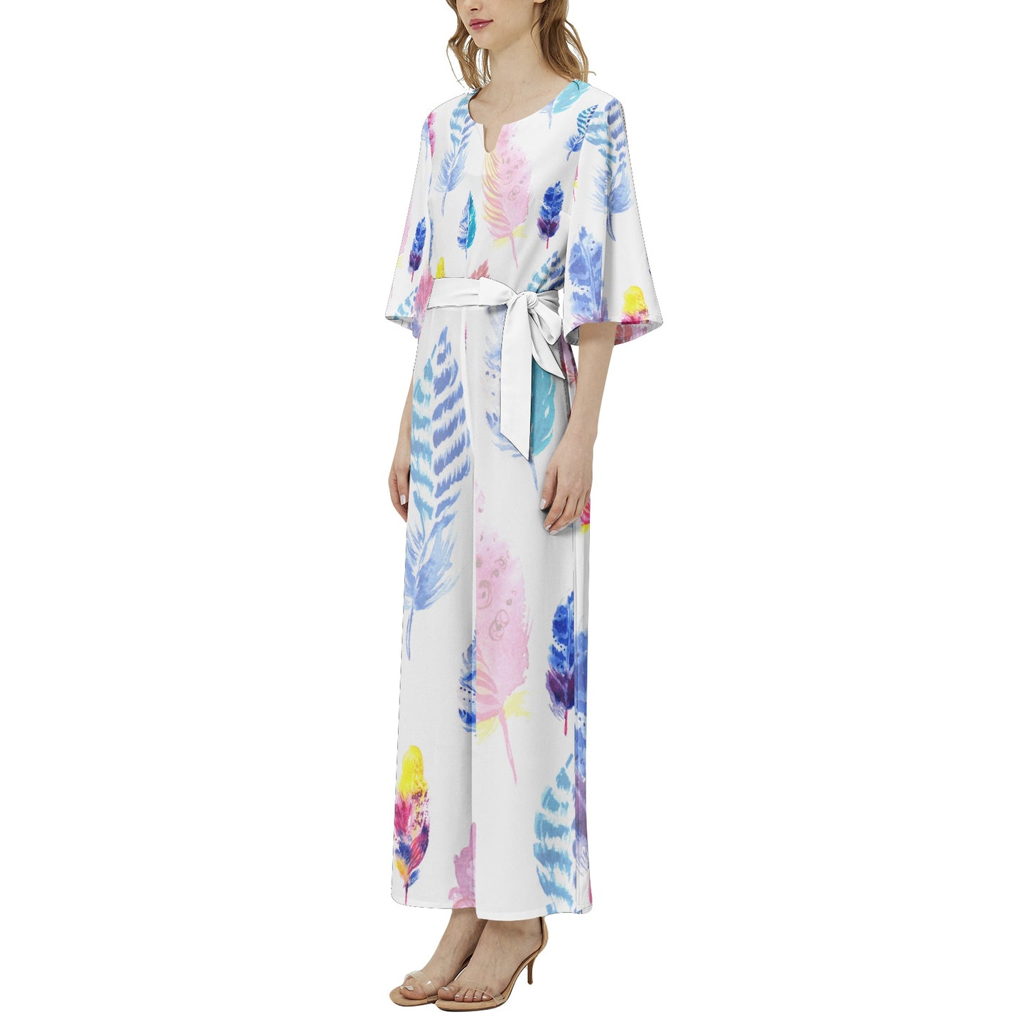 Multicolored Dolman Sleeve Belted Wide Leg Jumpsuit