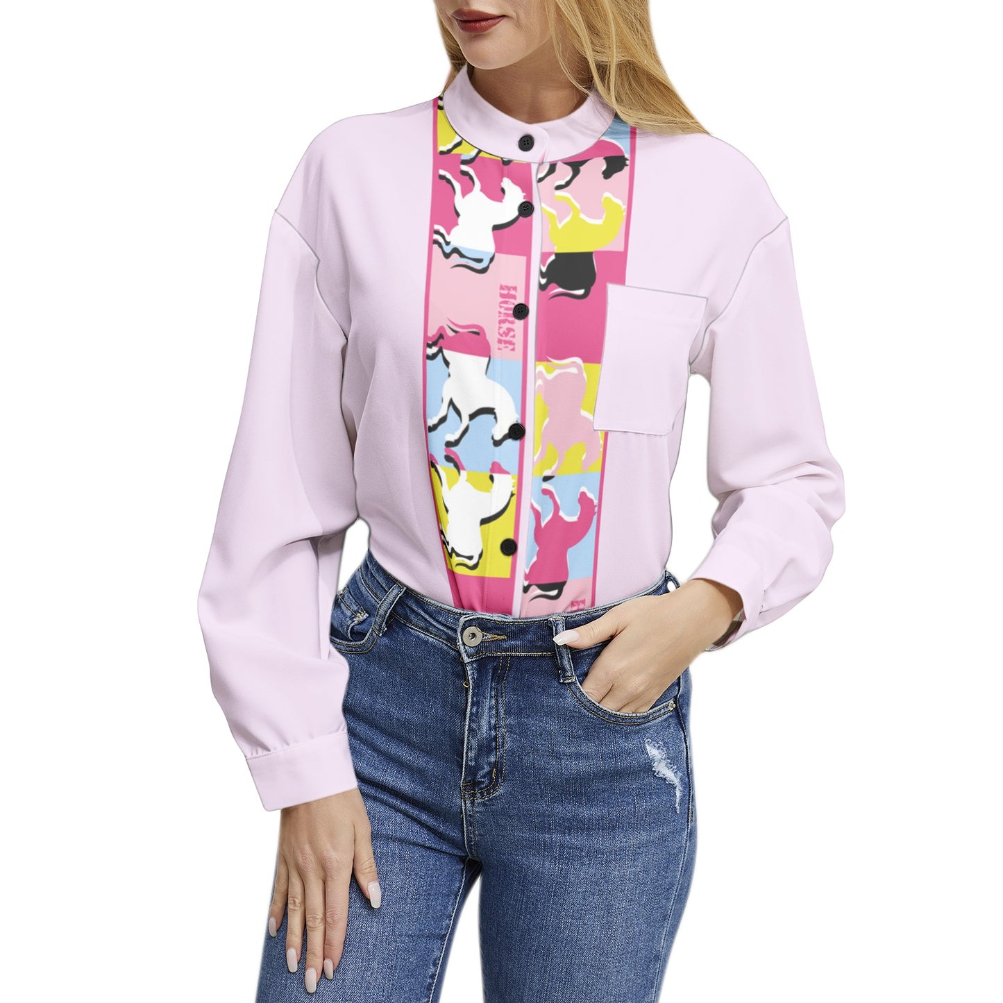 Horse Long Sleeve Button Up Casual Shirt Top