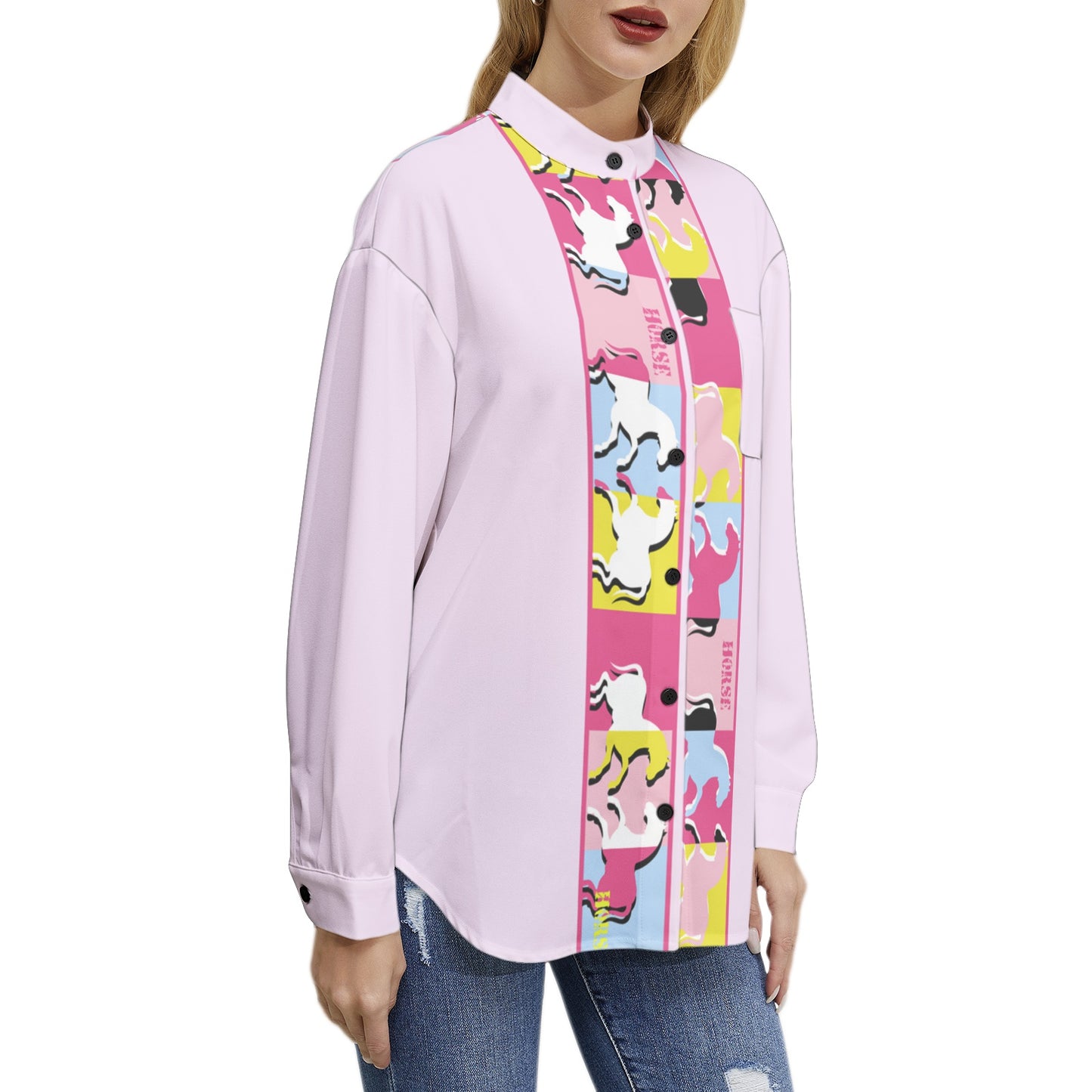 Horse Long Sleeve Button Up Casual Shirt Top