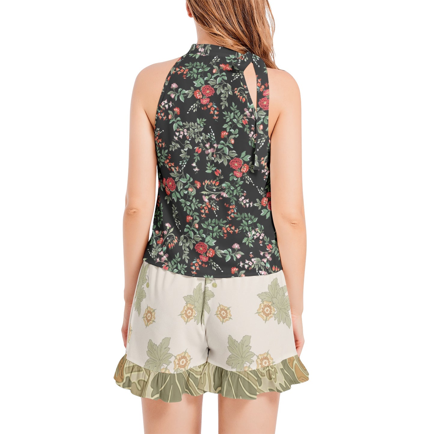 Tie Neck Halter Top and Ruffle Hem Short Set