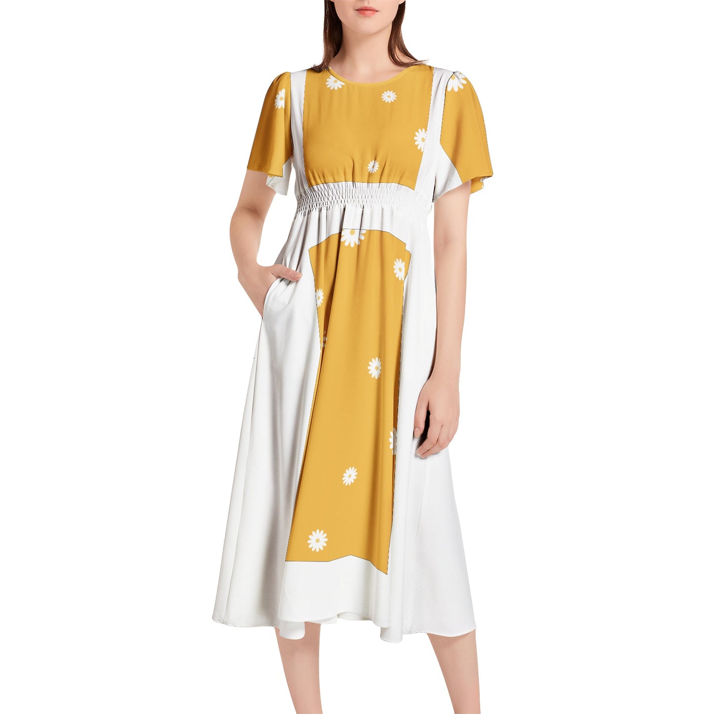 Short Sleeve Shirred Waist Midi Dress