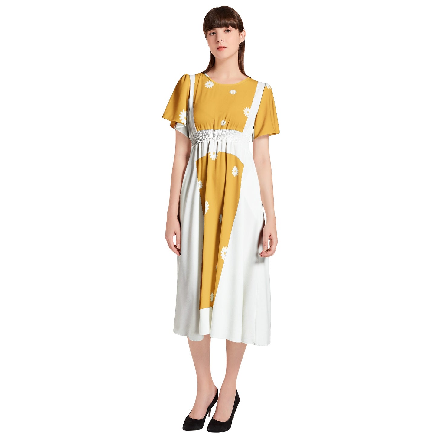 Short Sleeve Shirred Waist Midi Dress
