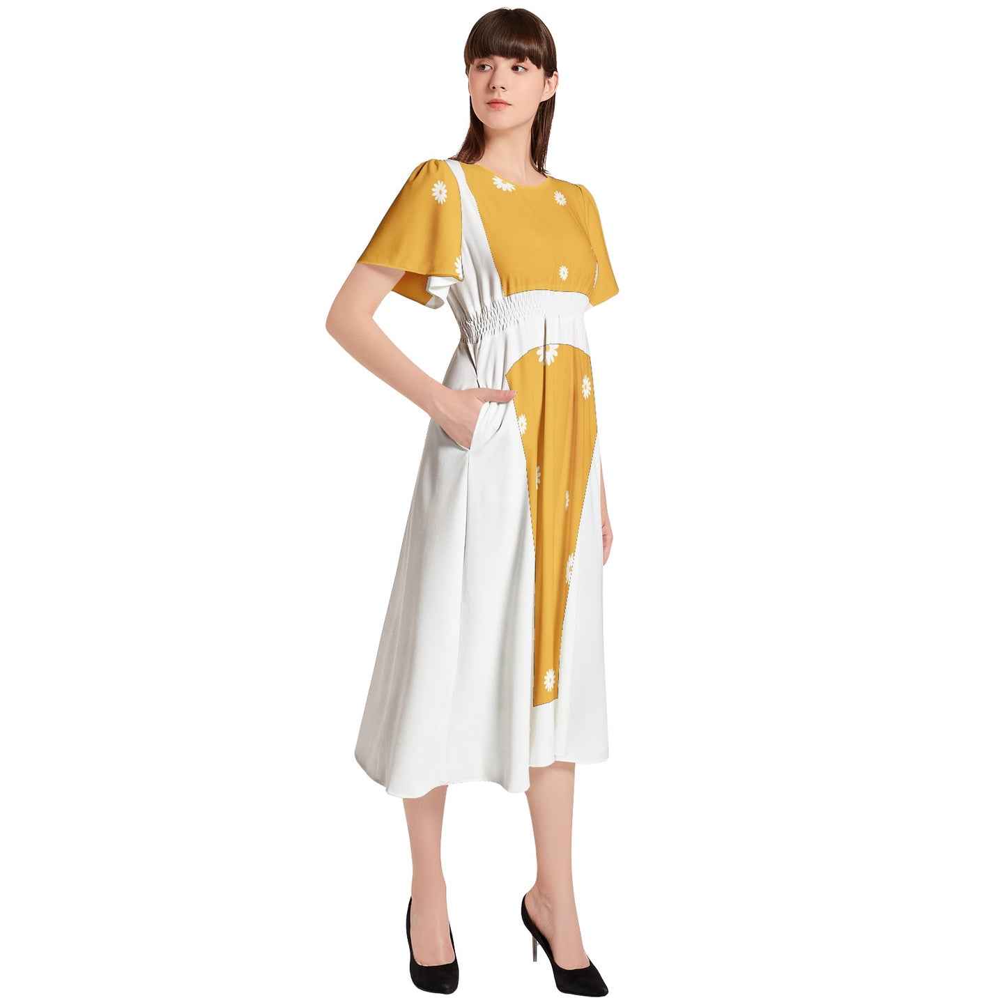 Short Sleeve Shirred Waist Midi Dress