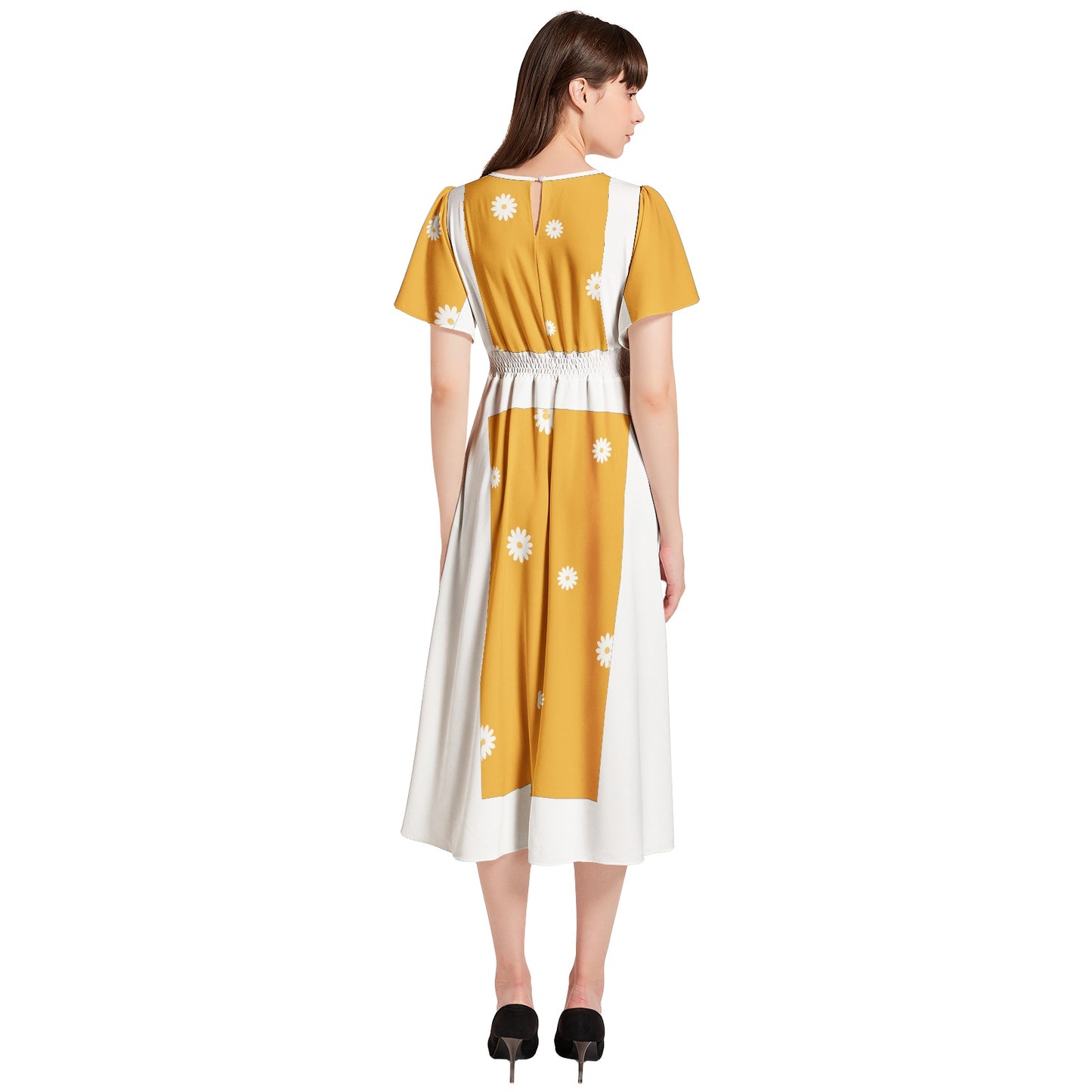 Short Sleeve Shirred Waist Midi Dress