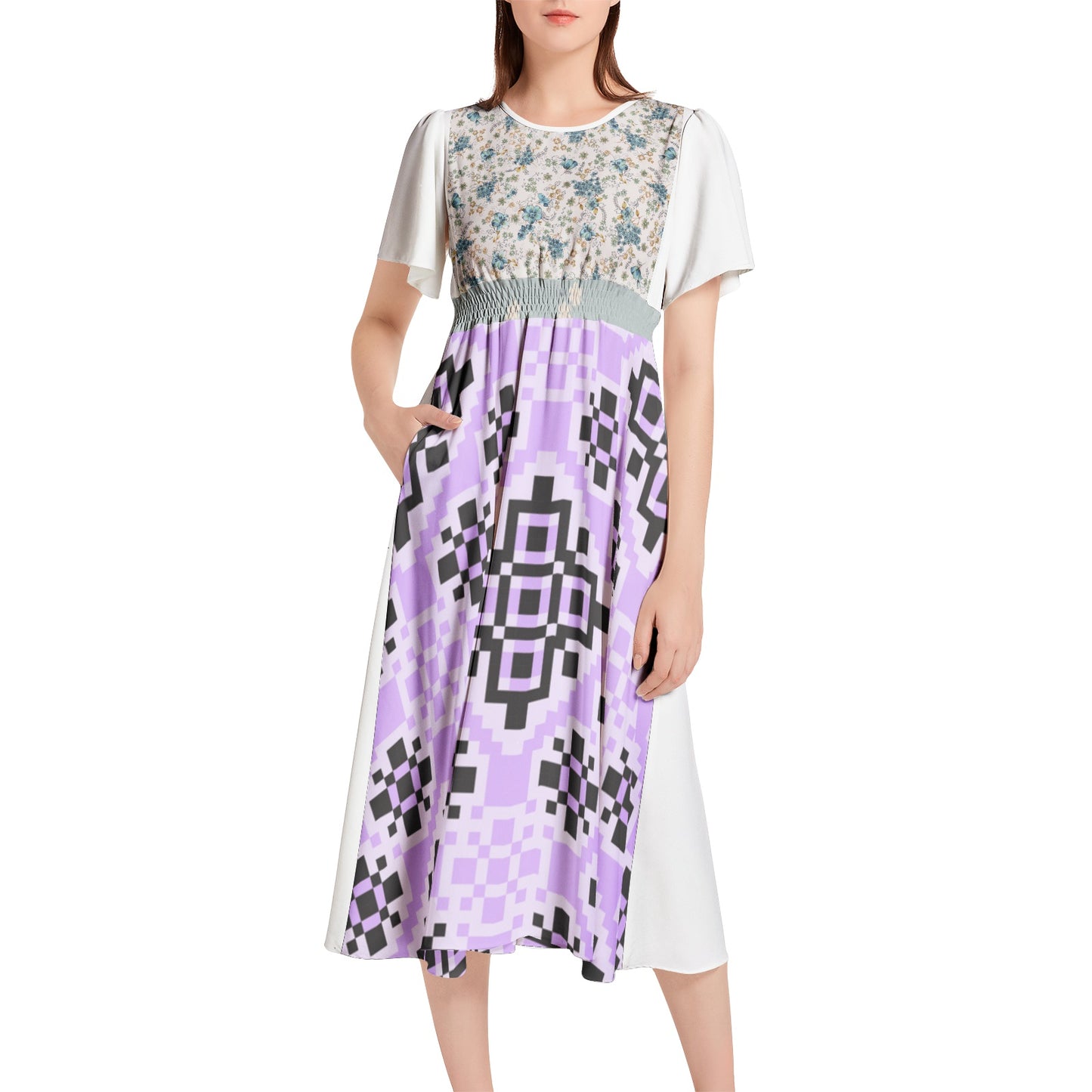 Short Sleeve Shirred Waist Midi Dress