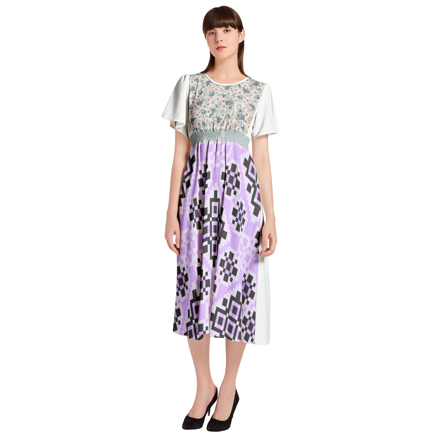 Short Sleeve Shirred Waist Midi Dress