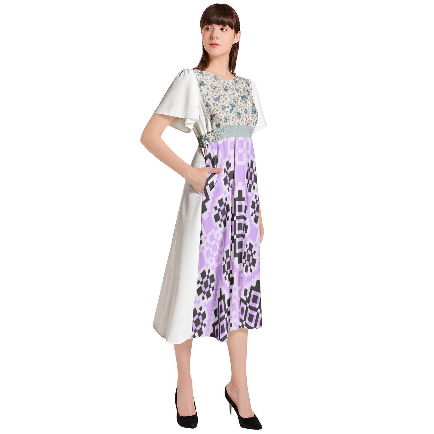 Short Sleeve Shirred Waist Midi Dress