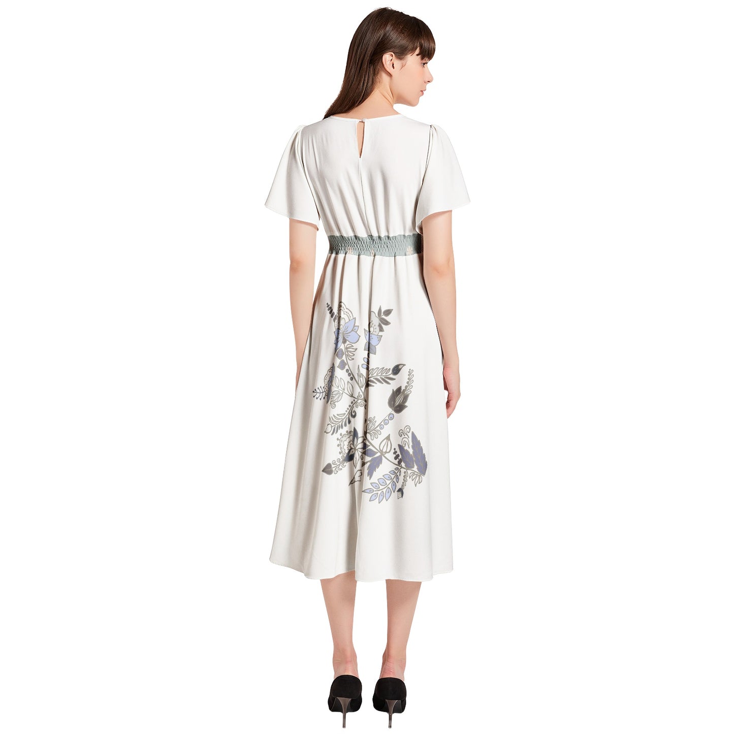 Short Sleeve Shirred Waist Midi Dress