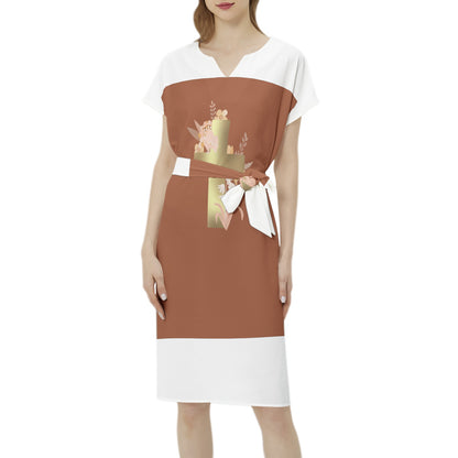 Easter Betwing Seleeve Notch Neck Casual Dress with Belt