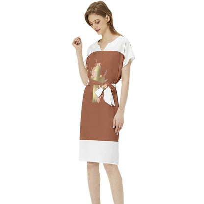 Easter Betwing Seleeve Notch Neck Casual Dress with Belt