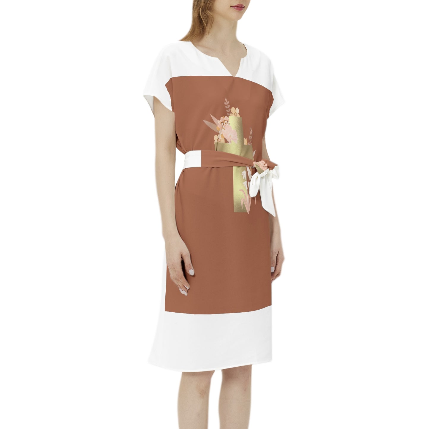 Easter Betwing Seleeve Notch Neck Casual Dress with Belt