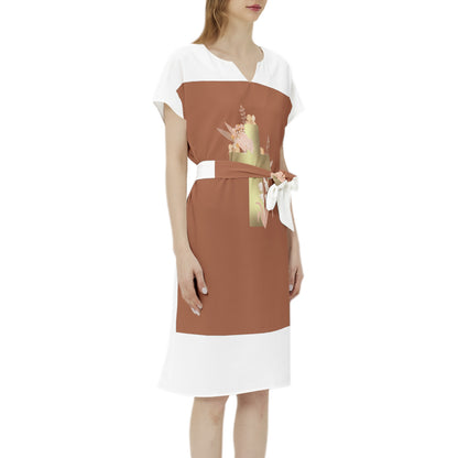 Easter Betwing Seleeve Notch Neck Casual Dress with Belt