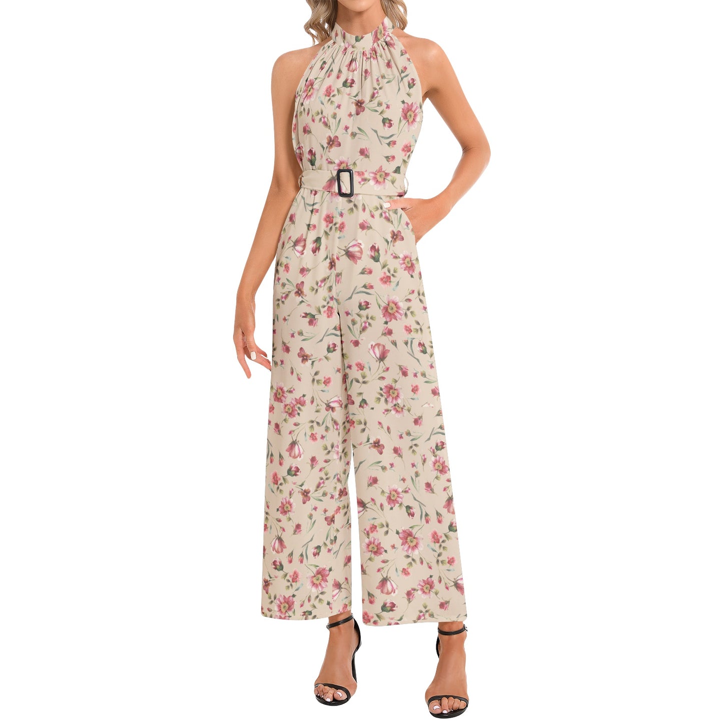 Flowery Halter Neck Buckle Belted Jumpsuit