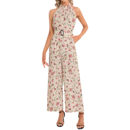 Flowery Halter Neck Buckle Belted Jumpsuit