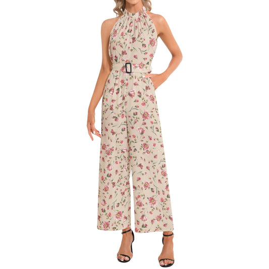 Flowery Halter Neck Buckle Belted Jumpsuit