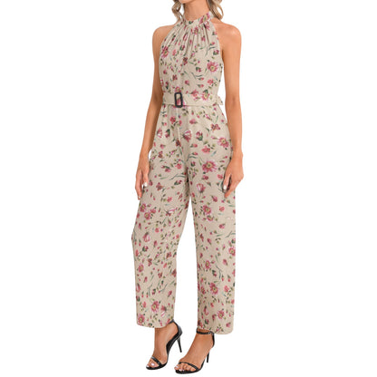Flowery Halter Neck Buckle Belted Jumpsuit