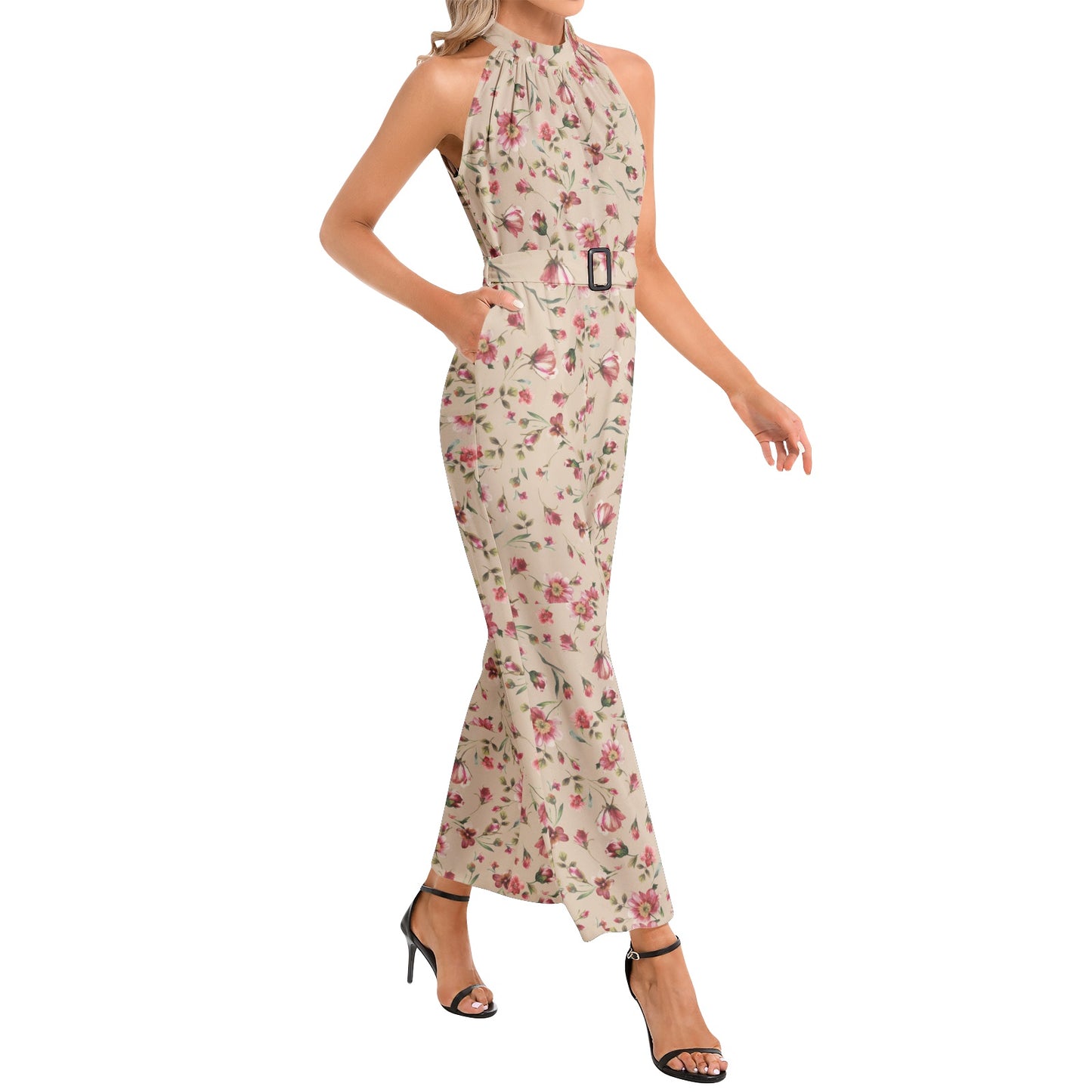 Flowery Halter Neck Buckle Belted Jumpsuit