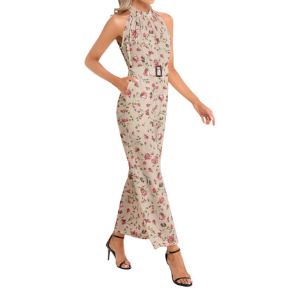 Flowery Halter Neck Buckle Belted Jumpsuit