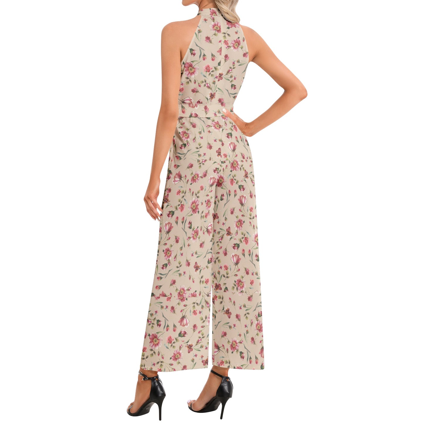 Flowery Halter Neck Buckle Belted Jumpsuit