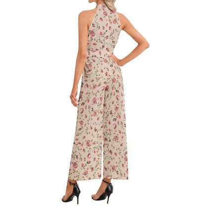 Flowery Halter Neck Buckle Belted Jumpsuit