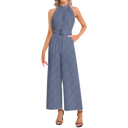 Blue colored Halter Neck Buckle Belted Jumpsuit