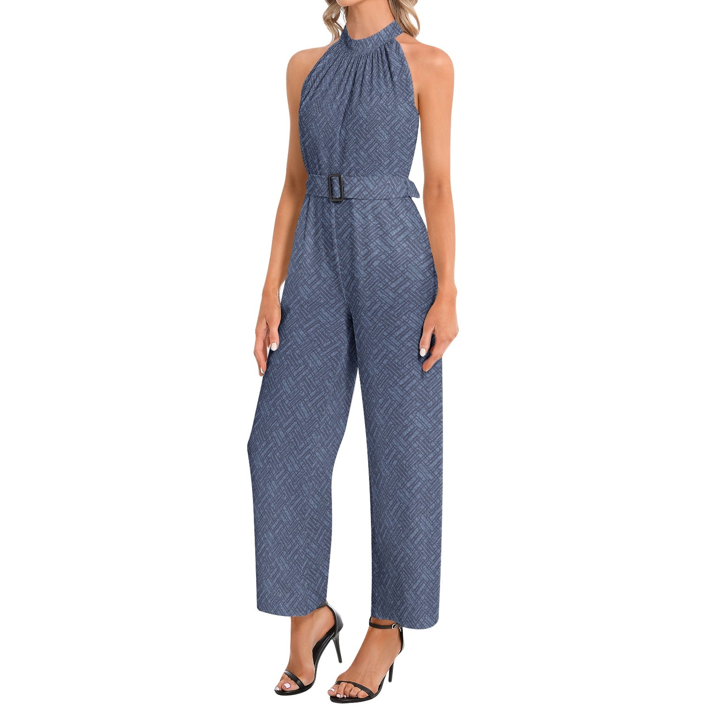 Blue colored Halter Neck Buckle Belted Jumpsuit