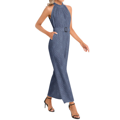 Blue colored Halter Neck Buckle Belted Jumpsuit