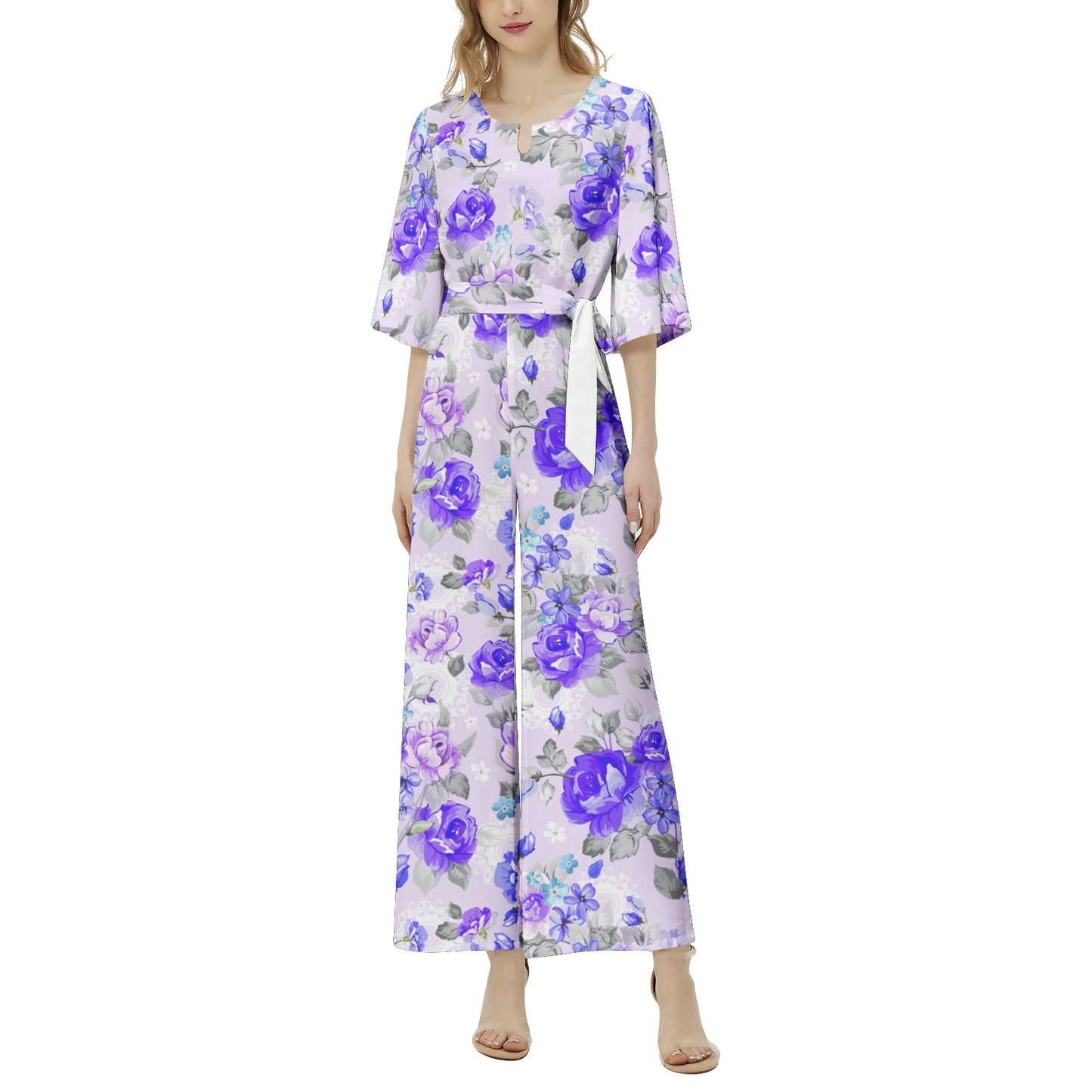 Blue Flowery Dolman Sleeve Belted Wide Leg Jumpsuit