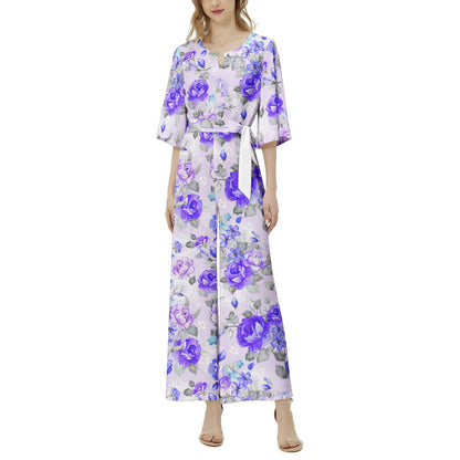 Blue Flowery Dolman Sleeve Belted Wide Leg Jumpsuit