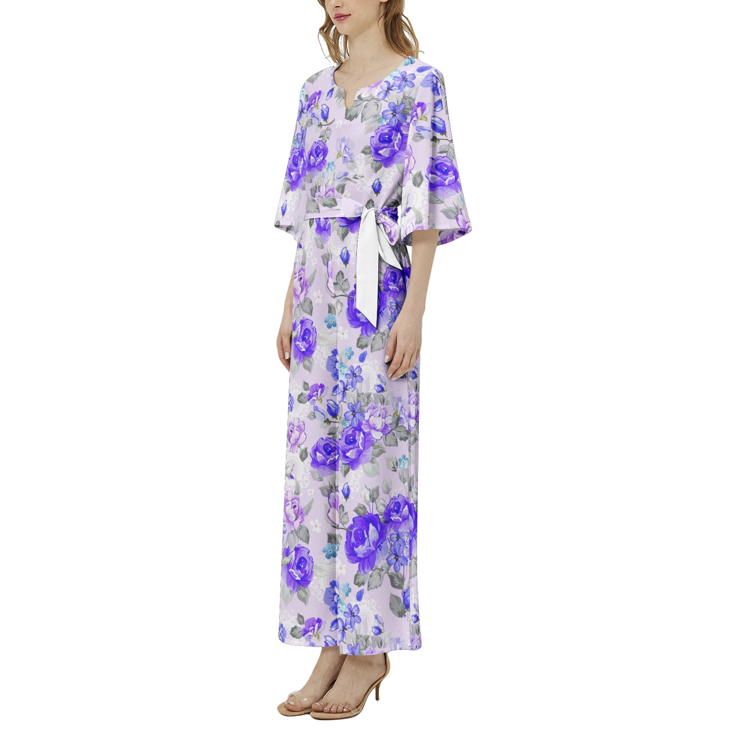 Blue Flowery Dolman Sleeve Belted Wide Leg Jumpsuit