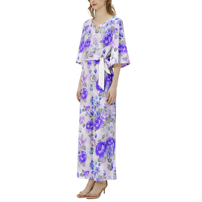 Blue Flowery Dolman Sleeve Belted Wide Leg Jumpsuit