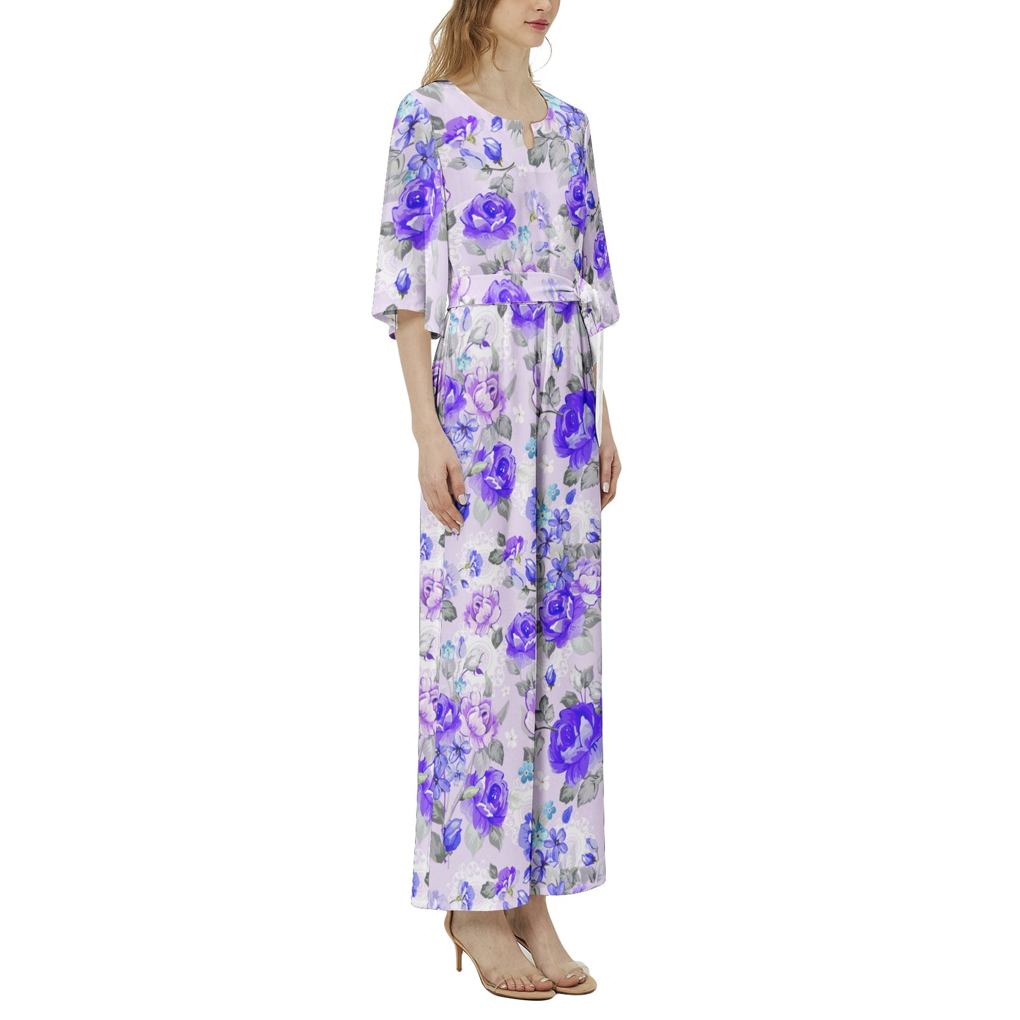Blue Flowery Dolman Sleeve Belted Wide Leg Jumpsuit