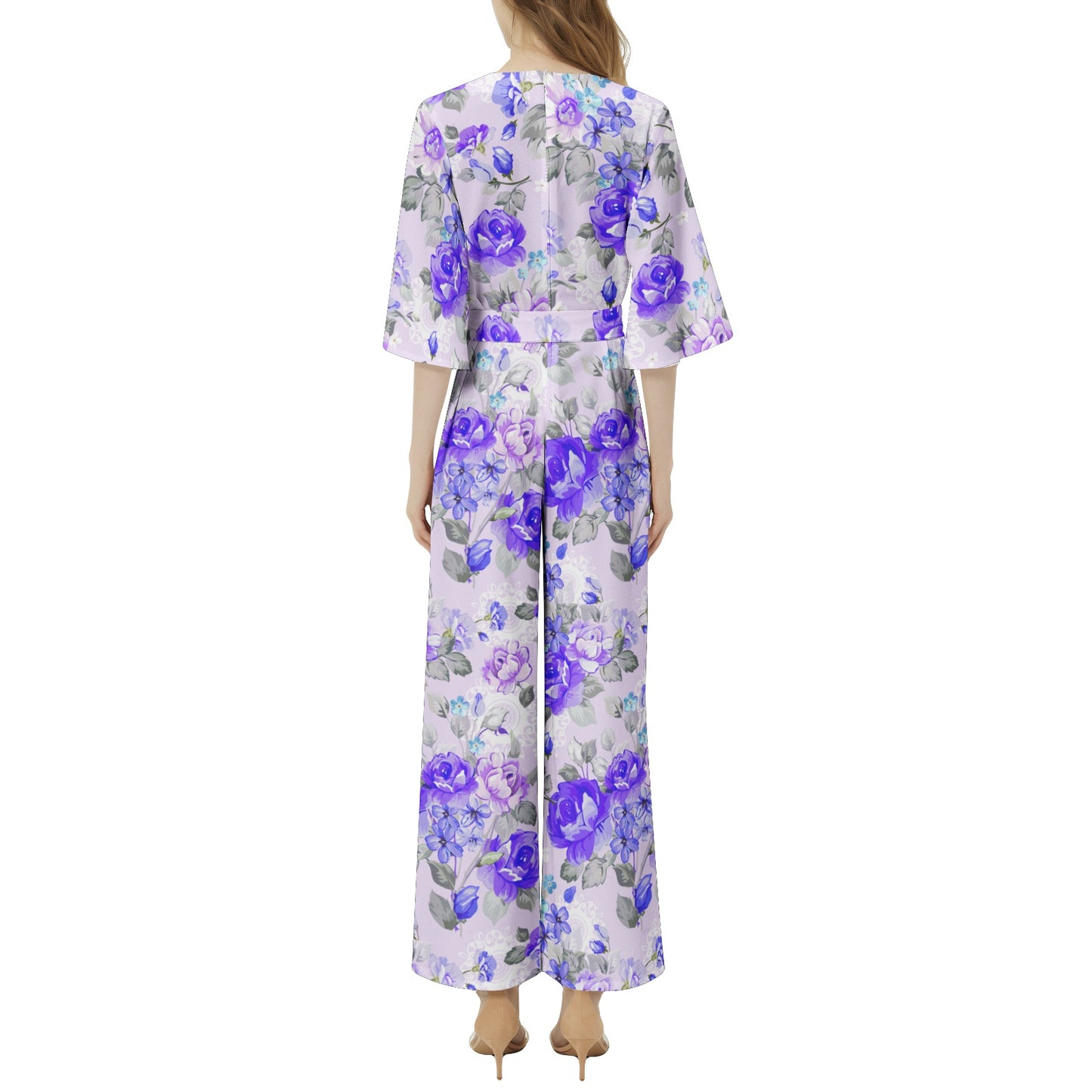 Blue Flowery Dolman Sleeve Belted Wide Leg Jumpsuit