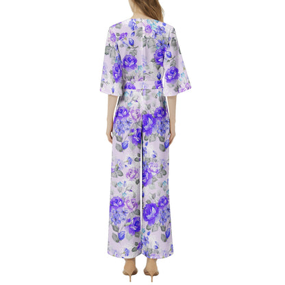 Blue Flowery Dolman Sleeve Belted Wide Leg Jumpsuit