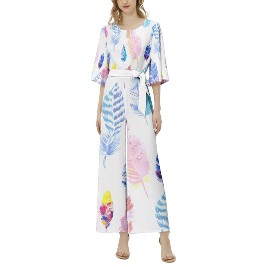 Multicolored Dolman Sleeve Belted Wide Leg Jumpsuit