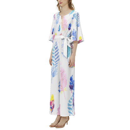 Multicolored Dolman Sleeve Belted Wide Leg Jumpsuit