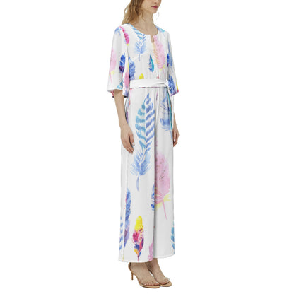 Multicolored Dolman Sleeve Belted Wide Leg Jumpsuit