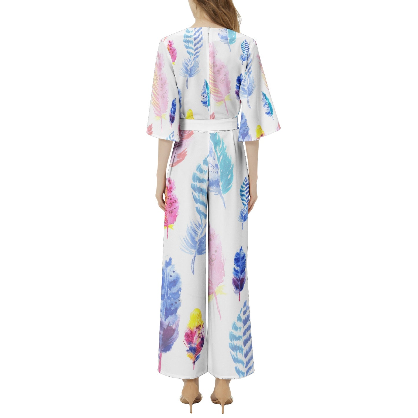 Multicolored Dolman Sleeve Belted Wide Leg Jumpsuit