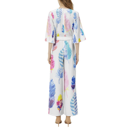 Multicolored Dolman Sleeve Belted Wide Leg Jumpsuit